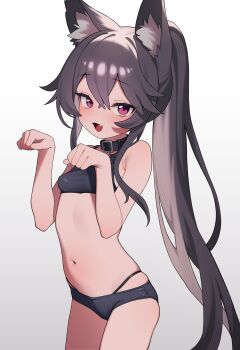 1girl absurdres animal_ear_fluff animal_ears belt_collar black_bra black_collar black_hair black_panties bra breasts cat_ears collar commission cowboy_shot ewrui fang hair_between_eyes hands_up highres long_hair looking_at_viewer multi-strapped_panties navel open_mouth original panties paw_pose pink_eyes pixiv_commission ponytail simple_background small_breasts solo underwear underwear_only very_long_hair white_background