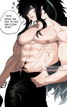 Rule 34 | 1boy, ?, ??, abs, bara, belt, black hair, black pants, bulge, commentary, commentary request, crezz (infj crezz), english commentary, english text, engrish text, highres, holding, holding belt, looking at viewer, male focus, muscular, muscular male, nipples, open fly, pants, parted lips, pectorals, ponytail, qiuyuan (wuthering waves), ranguage, shredded muscles, speech bubble, tacet mark (wuthering waves), thumb in beltline, white background, wuthering waves