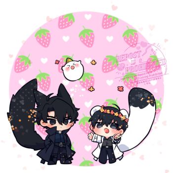 2boys :d animal_ears biyoo_(omniscient_reader&#039;s_viewpoint) black_coat black_eyes black_hair black_shirt cat_ears cat_tail coat collared_shirt commentary double-parted_bangs food fruit hair_between_eyes hands_in_pockets head_wreath highres kemonomimi_mode kim_dokja kimidori_22 male_focus mouse_ears mouse_tail multiple_boys omniscient_reader&#039;s_viewpoint open_clothes open_coat open_mouth outstretched_arms popped_collar shirt short_hair smile strawberry symbol-only_commentary tail white_coat yoo_joonghyuk