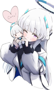 1girl absurdres blue_archive blue_necktie blush caff_(aosui9) character_doll commentary_request doll formal_clothes grin halo hands_up headgear highres holding holding_doll jacket jacket_partially_removed long_hair long_sleeves looking_at_viewer mechanical_halo necktie noa_(blue_archive) one_eye_closed purple_eyes shirt simple_background smile solo suit white_background white_hair white_halo white_jacket white_shirt white_suit