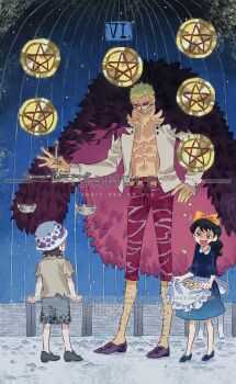 1girl 2boys abs aged_down baby_5 black_hair blonde_hair bow child commentary donquixote_doflamingo feather_cape full_body hair_bow hat highres leg_hair multiple_boys one_piece open_clothes open_shirt orange_bow pants pink_pants roman_numeral sample_watermark shirt siyangou49 smile trafalgar_law watermark white_shirt