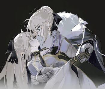 2girls ahoge armor artoria_caster_(fate) artoria_caster_(third_ascension)_(fate) artoria_pendragon_(fate) black_background blonde_hair braid bun_with_braided_base cape closed_eyes dress facial_mark fate/grand_order fate_(series) forehead_mark fur_trim gauntlets gloves green_eyes hair_bun hair_ribbon highres holding_hands long_hair looking_at_another lord_logres_(fate) lord_logres_(third_ascension)_(fate) multiple_girls ponytail profile ribbon simple_background ss_un17