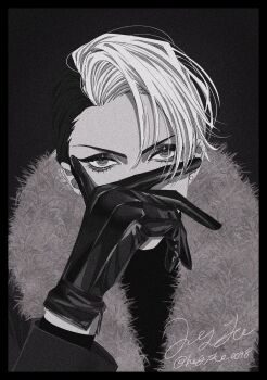 1boy arm_up black_border black_gloves black_hair black_shirt border covering_own_mouth crew_neck divus_crewel eyelashes eyeshadow film_grain fur_trim gloves grey_eyes hagiko_0098 highres layered_sleeves long_sleeves makeup male_focus multicolored_hair portrait shirt signature solo split-color_hair twisted_wonderland twitter_username two-tone_hair white_hair