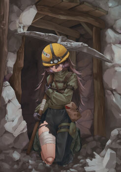 1girl absurdres bandage_over_one_eye bandaged_leg bandages belt_pouch black_gloves black_pants boots commentary_request crack dedemaru doll doll_joints explosive gloves hard_hat helmet highres holding holding_pickaxe joints kneeling long_hair long_sleeves looking_down open_mouth original pants pickaxe pouch purple_eyes purple_hair rock thigh_pouch thighs tnt torn_clothes torn_pants underground