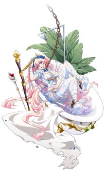 1girl absurdres animal_ears ass bandaged_arm bandaged_leg bandages bath bathing bathtub blue_flower blue_nails blue_ribbon blue_shirt bra breasts cat_ears chain claw_foot_bathtub cleavage dagger fang faucet flower framed_breasts full_body game_cg garter_straps hair_between_eyes hair_flower hair_ornament head_wreath highres holding holding_dagger holding_knife holding_towel holding_weapon in_bathtub knife knife_sheath langrisser langrisser_mobile large_breasts leaf lingerie long_hair long_sidelocks looking_at_viewer mage_staff nail_polish no_shoes official_alternate_costume official_art open_mouth partially_submerged patricia_(langrisser) pink_hair plant purple_eyes revealing_clothes ribbon second-party_source sheath shirt shower_head sidelocks simple_background solo spiked_anklet spiked_wristband staff standing tachi-e thighhighs torn_towel towel tower transparent_background underwear very_long_hair water weapon wet wet_clothes white_bra white_garter_straps white_thighhighs