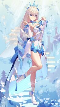 1girl absurdres ahoge air_bubble bare_shoulders blue_eyes blue_hair breasts bubble chinese_commentary commentary_request detached_sleeves dress fish full_body gradient_hair high_heels highres honkai_(series) honkai_impact_3rd kiana_kaslana kiana_kaslana_(ba-dum!_fiery_wishing_star) kiana_kaslana_(wintery_wishes) large_breasts long_hair looking_at_viewer multicolored_hair official_alternate_costume sideless_dress solo star-shaped_pupils star_(symbol) symbol-shaped_pupils tiara two-tone_hair underwater very_long_hair white_dress zhong_meng_hui_shi