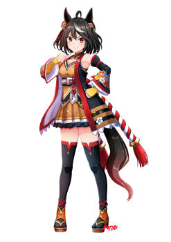 1girl absurdres ahoge animal_ears bare_shoulders black_gem black_hair black_thighhighs blush breasts chanchanko_(clothes) cleavage cleavage_cutout closed_mouth clothing_cutout commentary_request detached_sleeves full_body gem hair_between_eyes hair_ornament highres horse_ears horse_girl horse_tail kitasan_black_(crowning_ooban)_(umamusume) kitasan_black_(umamusume) konsu_(konsu1182da) kouhaku_nawa looking_at_viewer medium_breasts multicolored_hair red_eyes rope sandals shimenawa short_hair simple_background smile solo streaked_hair tail thighhighs umamusume white_background white_hair zettai_ryouiki