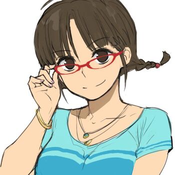 1girl adjusting_eyewear akizuki_ritsuko aqua_shirt b_suke bracelet braid breasts brown_eyes brown_hair commentary_request glasses idolmaster idolmaster_(classic) jewelry medium_breasts necklace pink_nails red-framed_eyewear shirt solo twin_braids upper_body