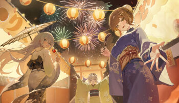 3girls absurdres adelheid_(chaos_zero_nightmare) aerial_fireworks blue_eyes breasts brown_hair candy_apple chaos_zero_nightmare character_request chinese_hairstyle commentary fireworks food green_kimono grey_hair highres holding holding_candy_apple holding_food holding_umbrella japanese_clothes kimono large_breasts looking_at_viewer multiple_girls night oil-paper_umbrella purple_kimono reaching reaching_towards_viewer rega short_hair smile umbrella untranslatable_commentary white_kimono yellow_eyes yuki_(chaos_zero_nightmare)