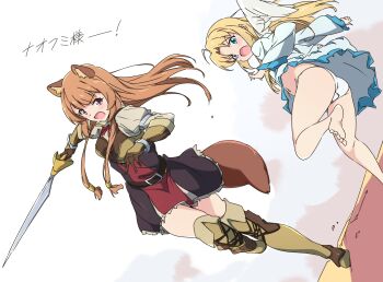 2girls animal_ears armor armored_boots armored_gloves barefoot belt bird_girl black_dress blonde_hair blue_dress blue_eyes blunt_bangs boots breastplate breasts brown_belt brown_boots brown_gloves brown_hair commentary_request curtained_hair dress dutch_angle elbow_gloves filo_(tate_no_yuusha_no_nariagari) frilled_sleeves frills gloves highres holding holding_sword holding_weapon layered_dress leather_armor loli long_hair long_sleeves medium_breasts metal_arm_cuffs metal_wrist_cuffs multiple_girls neck_ribbon open_mouth panties pantyshot pink_eyes pinstripe_dress pinstripe_pattern raccoon_ears raccoon_girl raccoon_tail raphtalia red_dress red_ribbon ribbon short_dress sleeveless sleeveless_dress sword tail tate_no_yuusha_no_nariagari thigh_boots thighhighs translation_request two-tone_dress umanosuke underwear weapon white_background white_dress white_panties wide_mouth zettai_ryouiki