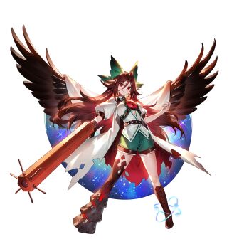 1girl adapted_costume arm_cannon asymmetrical_footwear bird_wings black_wings boots bow breasts brown_hair cape closed_mouth clothing_request control_rod_(touhou) feathered_wings full_body game_cg green_bow green_shorts hair_bow highres long_hair looking_at_viewer mismatched_footwear non-web_source official_art puffy_short_sleeves puffy_sleeves red_eyes reiuji_utsuho second-party_source short_sleeves shorts smile solo third_eye touhou touhou_gensou_eclipse transparent_background u_u_zan underboob very_long_hair weapon wings