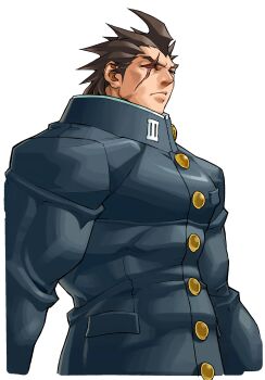 Rule 34 | 1boy, absurdres, breast pocket, brown eyes, brown hair, buttons, cropped torso, edaki shin'ya, gakuran, game cg, highres, justice gakuen, kazama daigo, male focus, moero! justice gakuen, non-web source, official art, pocket, scar, scar across eye, scar on face, school uniform, simple background, solo, spiked hair, white background