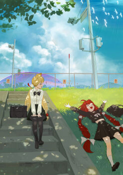 +++ 2girls absurdres ahoge alice_thymefield alternate_costume animal_ears bag bird black_pantyhose black_sailor_collar black_shirt black_shoes black_skirt blonde_hair blue_sky bow braid braided_twintails chest_bow closed_eyes cloud cloudy_sky crop_top day fence green_skirt hair_bow hair_ornament hands_on_lap highres hollow_(zenless_zone_zero) iron_fence long_hair looking_at_another low_twintails lying midfinger multiple_girls on_back on_grass open_mouth outdoors pantyhose rabbit_ears rabbit_girl red_eyes red_hair sailor_collar school_bag school_uniform shadow shirt shoes sitting sitting_on_stairs skirt sky socks sphere_hair_ornament stairs traffic_light tree twintails ukinami_yuzuha white_bird white_bow white_shirt white_socks zenless_zone_zero