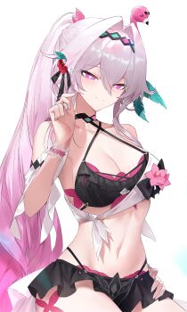 1girl absurdres baiser3rd bikini bikini_skirt breasts cleavage grey_hair hair_intakes highres honkai_(series) honkai_impact_3rd large_breasts long_hair multicolored_hair navel official_alternate_costume pink_eyes pink_hair simple_background smile solo stomach swimsuit thelema_nutriscu thelema_nutriscu_(roseate_summer) two-tone_hair very_long_hair white_background