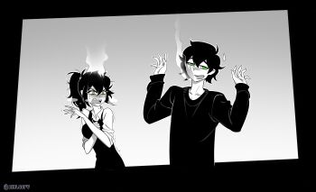 1boy 1girl absurdres aierlaobo andrew_graves black_hair black_sweater black_vest blush collarbone comedic_sweatdrop crossed_arms crying dress_shirt embarrassed green_eyes greyscale hands_up highres jewelry messy_hair monochrome mother_and_son necklace open_collar renee_graves shirt short_hair slap_mark sleeves_rolled_up streaming_tears sweater sweater_vest tears the_coffin_of_andy_and_leyley vest