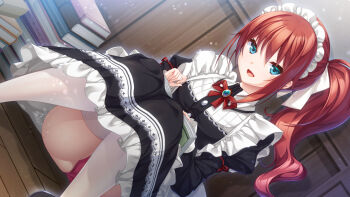 1girl blue_eyes book book_stack dutch_angle game_cg holding holding_book indoors juliet_sleeves knees_up long_hair long_sleeves looking_at_viewer maid mutou_kurihito official_art on_lap panties photoshop_(medium) puffy_sleeves red_hair red_panties rosemary_(yuukoku_no_femme_fatale) side_ponytail sitting solo thighhighs underwear wariza white_thighhighs yuukoku_no_femme_fatale