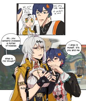 3girls absurdres ahoge armlet asymmetrical_gloves belle_(delicate_sunlight)_(zenless_zone_zero) belle_(zenless_zone_zero) black_gloves black_unitard blue_hair blue_nails blurry blurry_background blush breasts chinese_clothes cleavage closed_mouth commentary crossed_bangs dress dress_over_shirt earrings elbow_gloves english_commentary english_text fingerless_gloves game_screenshot_background glasses gloves hair_between_eyes hair_ornament hairpin half-closed_eyes hand_on_another's_shoulder highres holding holding_phone jacket jewelry ju_fufu large_breasts letter_hair_ornament long_hair looking_at_another looking_at_phone lying multiple_girls official_alternate_costume on_back open_mouth orange_dress phone round_eyewear screenshot_background short_hair single_elbow_glove single_hair_intake smile speech_bubble squinting twitter_username uneven_gloves white_hair yellow_jacket yin_yang_pin yixuan_(zenless_zone_zero) yuri zanqi zenless_zone_zero