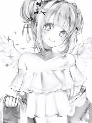 Rule 34 | + +, 1girl, absurdres, bare shoulders, blunt bangs, choker, collarbone, copyright request, frills, greyscale, hair ornament, hairclip, head tilt, highres, looking at viewer, monochrome, nanashi (nlo), simple background, smile, solo, sparkle, upper body, wings, x hair ornament
