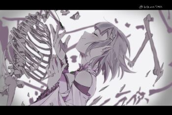 1girl artist_name bare_shoulders blunt_bangs bone breasts choker closed_eyes detached_sleeves emilia_(re:zero) facing_to_the_side gem green_gemstone gura_(kihou7342) highres jewelry layered_sleeves light_blush long_sleeves medium_breasts necklace otome_kaibou_(vocaloid) pointy_ears re:zero_kara_hajimeru_isekai_seikatsu sidelocks skeleton smile upper_body white_hair