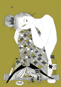 1girl bottle fins fish_tail full_body hair_bun ishimatsu_chiaki knife looking_at_viewer mermaid money monochrome monster_girl original scales solo tail topless_female