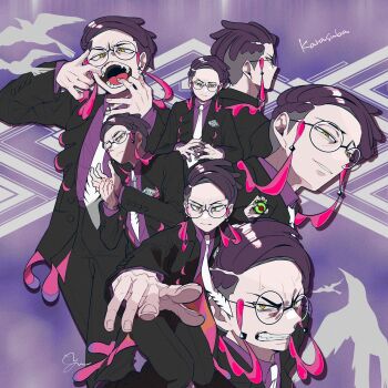 anger_vein angry black-framed_eyewear black_jacket closed_mouth collared_shirt commentary_request corbeau_(pokemon) dusk_ball fangs glasses highres jacket looking_at_viewer male_focus multiple_views necktie nintendo ohyou_wake open_clothes open_jacket open_mouth poke_ball pokemon pokemon_legends:_z-a purple_shirt round_eyewear shirt short_hair white_necktie yellow_eyes