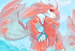 1girl 2015 abs animal_ears biceps blue_sky breasts colored_eyelashes covered_erect_nipples covered_navel deltoids downturned_eyes elbow_gloves fingernails floating_hair from_below furry furry_female gen_3_pokemon gloves groin_tendon hand_on_own_hip highres krita_(medium) large_breasts latias legendary_pokemon leggings light_smile long_hair looking_at_viewer looking_down muscular narrowed_eyes nintendo non-web_source obliques ocean one-piece_swimsuit open_mouth outdoors parted_lips pink_hair pokemon red_leggings red_one-piece_swimsuit serratus_anterior short_tail signature sky splashing sweat swimsuit tail toned tsurime tyson_tan very_sweaty water wet white_fur wings yellow_eyes