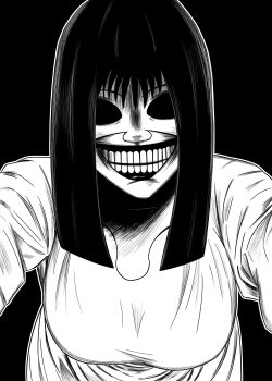 1girl absurdres bent_over bob_cut borrowed_character breasts commentary dress english_commentary greyscale grin highres hollow_eyes large_breasts long_dress lughost monochrome original pov reaching reaching_towards_viewer smile solo teeth upper_body