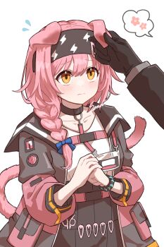 1girl absurdres animal_ears arknights cat_ears cat_girl cat_tail commentary_request doctor_(arknights) goldenglow_(arknights) hand_on_another&#039;s_ear highres hood hooded_coat infection_monitor_(arknights) sena_(jcwe4828) shy tail