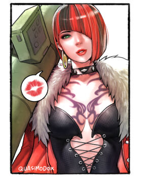 1girl anna_williams artist_name black_corset black_hair breasts center_opening cleavage coat corset earrings grin holding holding_weapon jewelry large_breasts looking_at_viewer multicolored_hair quasimodox red_coat red_hair red_lips short_hair smile solo tekken tekken_8 two-tone_hair weapon