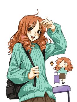 Rule 34 | 1girl, aged up, alternate costume, alternate hairstyle, animal ears, azumanga daiou, bag, black bag, brown eyes, brown hair, brown skirt, cat ears, drill hair, green sweater, highres, kyuunn, long sleeves, mihama chiyo, mihama chiyo's father, simple background, skirt, sunglasses, sweater, white background