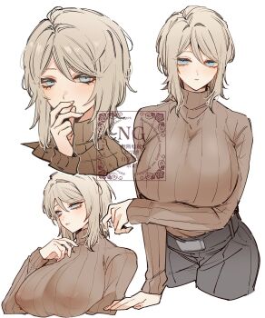 09wave_hb 1girl alternate_costume arm_under_breasts belt blue_eyes breasts brown_sweater closed_mouth covered_erect_nipples eyelashes faust_(project_moon) grey_hair grey_pants highres huge_breasts limbus_company looking_at_viewer medium_hair multiple_views pants project_moon simple_background sleeves_past_wrists standing sweater turtleneck turtleneck_sweater watermark white_background