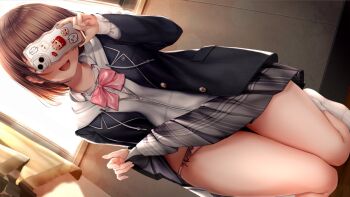 1girl artist_request black_jacket blazer bow bowtie brown_hair cellphone clothes_lift commentary_request covering_own_eyes dutch_angle grey_skirt holding holding_phone jacket kneeling lifting_own_clothes open_clothes open_jacket open_mouth panties panty_peek phone pink_bow pink_bowtie pink_panties plaid_clothes plaid_skirt pleated_skirt school_uniform seifuku_kanojo shirt short_hair skirt skirt_lift smartphone smile socks solo teasing underwear white_shirt white_socks