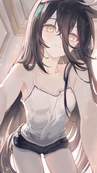 1girl absurdres animal_ears black_hair black_shorts black_tail camisole closed_mouth collarbone commentary_request dolphin_shorts ear_ornament hair_between_eyes highres horse_ears horse_girl horse_tail indoors long_hair long_hair_between_eyes looking_at_viewer manhattan_cafe_(umamusume) outstretched_arms short_shorts shorts smile solo synzmayu tail thighs umamusume white_camisole yellow_eyes