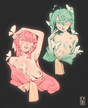 2girls absurdres after_kiss ahoge aqua_eyes aqua_hair aqua_lips aqua_nails arm_behind_back artist_logo black_background blush breast_tattoo breasts bright_pupils bug butterfly butterfly_on_breast butterfly_on_hand butterfly_on_shoulder collarbone cropped_torso cyber_(cyanceebee) hair_between_eyes hand_on_own_head hand_up hatsune_miku heart heart-shaped_pupils heart_ahoge highres insect lipstick lipstick_mark lipstick_mark_on_breast lipstick_mark_on_cheek lipstick_mark_on_chest lipstick_mark_on_face lipstick_mark_on_forehead lipstick_mark_on_hand lipstick_mark_on_shoulder lipstick_mark_on_stomach logo long_hair looking_at_viewer magnet_(vocaloid) makeup medium_breasts megurine_luka multiple_girls one_breast_out open_mouth pink_eyes pink_hair pink_lips shoulder_tattoo simple_background small_breasts smeared_lipstick straight-on symbol-shaped_pupils tattoo too_many_lipstick_marks topless_female twintails upper_body vocaloid white_pupils yuri