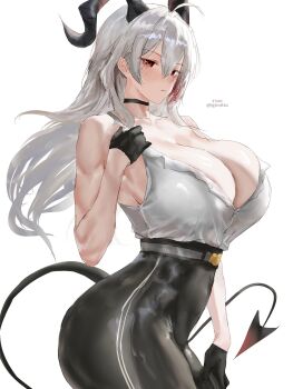 1girl absurdres bare_shoulders belt black_choker black_gloves black_horns black_pants black_tail blush breasts button_gap choker cleavage closed_mouth cowboy_shot curled_horns from_side gloves half_gloves high-waist_pants highres horns huge_breasts igiroitsu long_hair mole mole_under_eye pants red_eyes shirt shirt_tucked_in simple_background sleeveless sleeveless_shirt solo tight_clothes tight_pants twitter_username white_background white_hair wuthering_waves zani_(wuthering_waves)