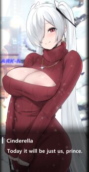 1girl absurdly_long_hair alternate_costume blurry blurry_background blush breasts cinderella_(nikke) cleavage cleavage_cutout clothing_cutout dialogue_box dress english_text goddess_of_victory:_nikke hair_over_one_eye highres inverted_cross_earrings large_breasts long_hair long_sleeves looking_at_viewer old_tales_(nikke) one_eye_covered open-chest_sweater red_sweater shiny_eyes sleeves_past_wrists smile solo standing sweater sweater_dress turtleneck turtleneck_sweater twintails uzzy2801 veins veiny_breasts very_long_hair white_hair