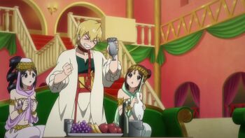 Rule 34 | aladdin (magi), alibaba saluja, animated, arabian clothes, audible speech, between breasts, breasts, english audio, face between breasts, head between breasts, highres, indoors, magi the labyrinth of magic, margaret (magi), marugarēta (magi), muscular, muscular female, o o, sitting, sound, tagme, tall female, ugly woman, video