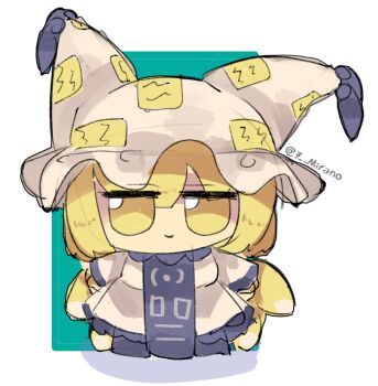 1girl 7-mirano blonde_hair chibi chibi_only closed_mouth dress full_body fumo_(doll) hat highres jitome simple_background smile solo touhou twitter_username white_dress white_hat yakumo_ran yellow_eyes