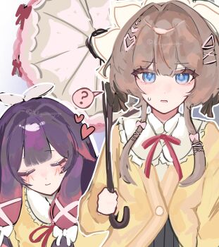 Rule 34 | 2girls, ?, alternate costume, black hair, black skirt, blazer, blue eyes, blush, bonnet, bow, brown hair, closed eyes, closed mouth, collar, columbina (genshin impact), genshin impact, hair bow, hair ornament, hairpin, hashtag-only commentary, headdress, heart, highres, holding, holding umbrella, jacket, long hair, long sleeves, multicolored hair, multiple girls, multiple hair bows, neck ribbon, open mouth, parasol, pleated skirt, purple hair, purple streaks, ribbon, sandrone (genshin impact), school uniform, short hair, short hair with long locks, skirt, smile, spoken question mark, streaked hair, two-tone hair, umbrella, white collar, white headdress, yufiyuuuuyuyu