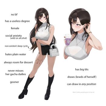 1girl airpods artist_self-insert bag black_boots black_bra black_hair black_shorts boots bra bracelet breasts commentary cup drinking earrings english_commentary english_text handbag highres holding holding_cup hoop_earrings jewelry knee_boots large_breasts necklace original purple_eyes ruca_(rucarachi) rucarachi see-through_clothes see-through_shirt shirt short_shorts shorts sleeveless sleeveless_shirt smartwatch underwear watch wireless_earphones wristwatch