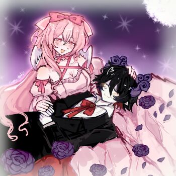 1boy 1girl angel_wings bare_shoulders bed_sheet bishoujo_senshi_sailor_moon black_hair black_suit borrowed_character bow breasts bright_pupils cleavage closed_eyes closed_mouth collared_shirt colored_skin demon_boy demon_horns dress flower formal_clothes funamusea hand_on_another's_head heart heart-shaped_pupils hetero highres horns large_breasts oc_x_canon open_mouth original pale_skin photo-referenced pink_bow pink_dress pink_eyes pink_hair pink_ribbon pointy_ears purple_background purple_flower red_ribbon ribbon sam_(sillylinariafan) satanick_(funamusea) shirt smile sparkle suit symbol-shaped_pupils tuxedo vignetting white_pupils white_skin wings