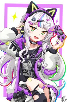 1girl absurdres animal_ear_headphones animal_ears black_choker black_shirt black_thighhighs blue_hair cat_ear_headphones cat_ears cat_hair_ornament choker controller fake_animal_ears fang grey_hair hair_ornament hairpin headphones heart heart_hair_ornament highres holding holding_controller hololive jacket long_hair looking_at_viewer multicolored_hair murasaki_shion murasaki_shion_(8th_costume) nail_polish official_alternate_costume paw_hair_ornament purple_hair purple_nails remone shirt skin_fang skirt smile solo streaked_hair thighhighs virtual_youtuber white_jacket white_skirt yellow_eyes yellow_nails