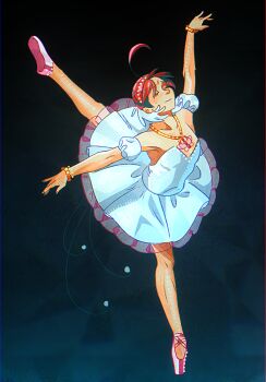 1girl ahiru_(princess_tutu) ahoge arabesque_(pose) ballerina ballet ballet_dress ballet_slippers bare_shoulders bracelet closed_eyes commentary dancing dress en_pointe english_commentary freckles highres jewelry krisandthebluesurgeons necklace pink_hair princess_tutu princess_tutu_(character) short_hair solo standing standing_on_one_leg swan_lake_headpiece tutu