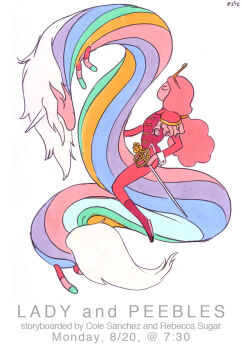 2girls adventure_time armor artist_name boots breasts character_name closed_eyes closed_mouth colored_skin commentary cosplay dated english_commentary english_text epaulettes flat_color from_side gem holding knee_boots lady_rainicorn long_hair low-tied_long_hair low_ponytail multiple_girls official_art pantyhose pink_hair pink_skin ponytail princess_bonnibel_bubblegum profile promotional_art rainbow rapier rebecca_sugar riding scrunchie shoujo_kakumei_utena side_slit signature simple_background sketch sleeve_cuffs small_breasts sword tenjou_utena tenjou_utena_(cosplay) tiara traditional_media unicorn weapon white_background white_hair white_tail