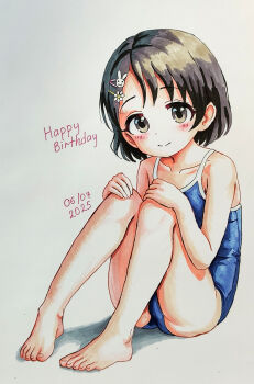 1girl 2025 absurdres armpit_crease barefoot black_hair blue_one-piece_swimsuit blush brown_eyes cameltoe child collarbone curled_fingers eyelashes feet female_focus flat_chest full_body hair_ornament hairclip hands_on_own_knees happy happy_birthday highres idolmaster idolmaster_cinderella_girls idolmaster_cinderella_girls_u149 knees knees_up legs looking_at_viewer marker_(medium) medium_hair namco neck one-piece_swimsuit sasaki_chie school_swimsuit simple_background sitting smile solmyr2000 swept_bangs swimsuit thighs toenails toes traditional_media