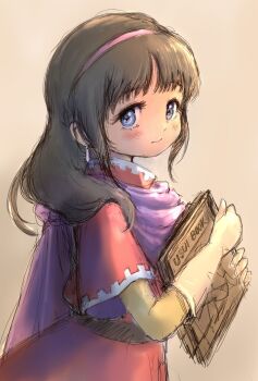 1girl anna_stephanie aoki_ryuusei_spt_layzner black_hair blue_eyes blush book brown_background capelet closed_mouth dress earrings gloves guma hairband highres holding jewelry long_hair looking_at_viewer pink_hairband puffy_sleeves purple_hairband simple_background smile solo white_gloves