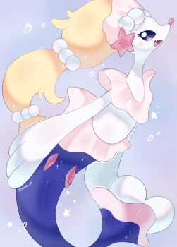 1girl alternate_color black_eyes blonde_hair colored_skin commentary_request eyelashes fang furry furry_female gen_7_pokemon iwasi_29 mermaid monster_girl multi-tied_hair nintendo open_mouth pokemon pokemon_(creature) primarina purple_background shiny_pokemon skin_fang star_(symbol) tail white_skin