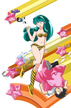 1girl 2boys animal_print benten_(urusei_yatsura) bikini black_pants black_shoes blue_eyeshadow blue_shirt bow breasts chain chibi cleavage commentary cone_horns dokite_tsukasa dress_shirt eyeshadow ginger_(urusei_yatsura) green_eyes green_hair grey_pants grey_shoes highres horns ice kneehighs long_hair long_sidelocks makeup medium_breasts mendou_ryouko mendou_shuutarou miyake_shinobu moroboshi_ataru multiple_boys navel official_art oni open_mouth oyuki_(urusei_yatsura) pants pepper_(urusei_yatsura) pointy_ears print_bikini print_socks purple_bow ran_(urusei_yatsura) sakura_(urusei_yatsura) shide shirt shoes shooting_star sidelocks sky socks star_(sky) starry_sky sugar_(urusei_yatsura) swimsuit thighs tiger_print urusei_yatsura white_background white_bow white_shirt white_socks