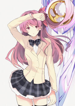 Rule 34 | 1girl, :o, arm over head, black bow, black bowtie, black skirt, black thighhighs, blazer, bow, bowtie, brown jacket, chaos;head, collared shirt, d-sword, dress shirt, hair bow, jacket, lapels, long hair, looking at viewer, miniskirt, notched lapels, nuno (macao), one side up, pink eyes, pink hair, plaid bow, plaid bowtie, plaid clothes, plaid skirt, pleated skirt, sakihata rimi, school uniform, science adventure, shiny eyes, shirt, skirt, solo, suimei academy school uniform, thighhighs, white shirt