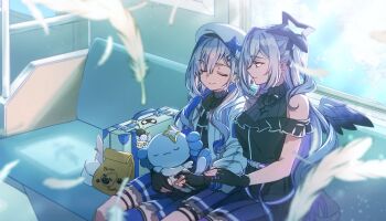 2girls amane_kanata amane_kanata_(work) amane_konata beret bibi_(tokoyami_towa) black_dress black_gloves black_halo black_streaks black_wings blue_thighhighs character_charm charm_(object) closed_mouth clothing_cutout colored_inner_hair commentary_request day dress falling_feathers falling_petals feathered_wings feathers frilled_dress frills gloves gradient_clothes gradient_dress gradient_wings grey_hair hair_rings halo hat highres hololive jacket jewelry long_sleeves looking_at_another low_twintails mini_wings multicolored_hair multicolored_wings multiple_girls necklace official_alternate_costume official_alternate_hairstyle partially_fingerless_gloves petals pink_streaks pleated_dress puffy_long_sleeves puffy_sleeves purple_hair purple_thighhighs short_dress shoulder_cutout single_hair_intake single_thighhigh sitting sleeping smile star_(symbol) star_halo star_necklace streaked_hair suitcase sushida_hayari thigh_strap thighhighs tilted_halo train_interior twintails two_side_up upao_(amane_kanata) virtual_graduation_commemoration virtual_youtuber watamate white_hat white_jacket wings